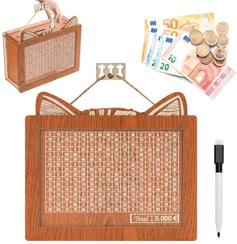 Spardose Holz, Sparbox mit Zahlen Ankreuzen, Wiederverwendbare Acrylplatte Geldbox mit Sparziel und Zahlen zum ankreuzen,Sparbüchse Aufbewahrungsbox Kinder-Sparziel Erwachsene Sparbox
