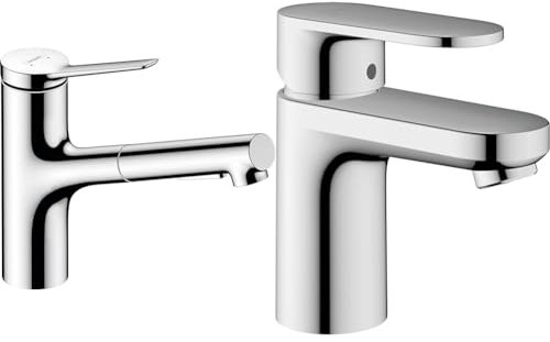 hansgrohe Zesis M33 - Mitigeur de cuisine avec douchette extractible, 2 jet & Vernis Blend - Mitigeur de lavabo avec tirette et vidage, Robinet de salle de bain