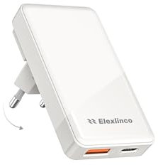 Chargeur USB C 65 W, Elexlinco GaN Chargeur Rapide, Compact et Pliable à 2 Ports, Prise USB C pour MacBook Pro/Air, iPad Pro, iPhone 15 Plus Max 14 13, Galaxy S24/S23, Note20, Pixel, etc (Blanche)