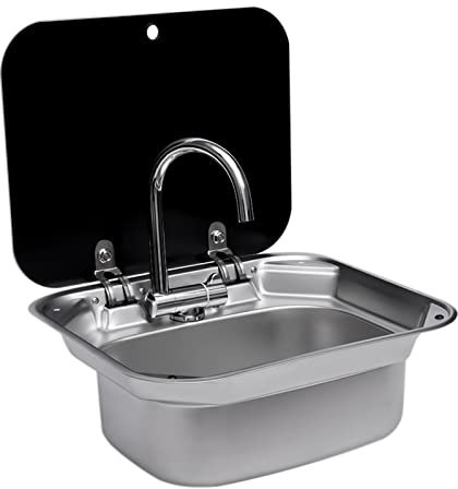 RV Évier de camping - Kit de construction - Robinet d'évier pour camping-car - 41 x 36,5 x 16 cm - Noir et argenté - Robinet pliable - Convient pour les pièces telles que les caravanes, les pubs et