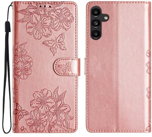 Lvnarery For Samsung Galaxy A05S Case,Shockproof Leather Wallet Book Flip Folio Magnetic Clasp Stand View Case for Samsung Galaxy A05S Phone Cases Shockproof Cover Cute Butterfly & flower,Rose Gold