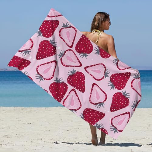 Treer Strandtuch, Obst-Serie Mikrofaser Handtuch, Strandtuch XXL, Ultra Leicht Tragbares Sandfreies Schnelltrocknendes Handtuch, Perfekt für den Strand Sport Sauna (Erdbeere,180x90cm)