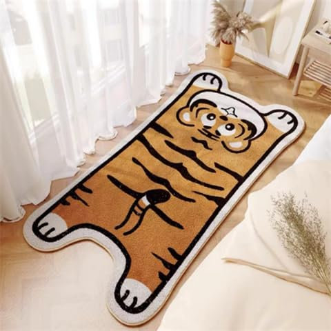 POPUPWAVE Teppich Waschbar für Schlafzimmer 40 x 120 cm, Niedlicher und lustiger Kinder-Teppich, modern, Bedruckt, weiß, unregelmäßige Form für Eingangsbereich(DREI Hunde) (hellhäutiger Tiger)