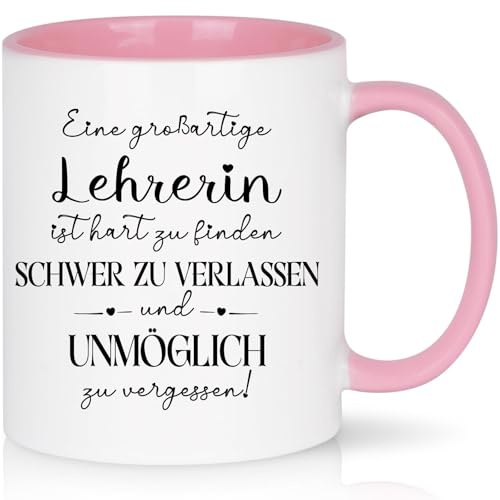 CHUIN DRUCK Tasse Geschenk für Lehrerin Abschiedsgeschenk mit Spruch - Eine großartige Lehrerin ist hart zu finden - Lehrerin Geschenk Tasse Grundschule Lehrerinnen Abschied Ruhestand, 320ml Rosa