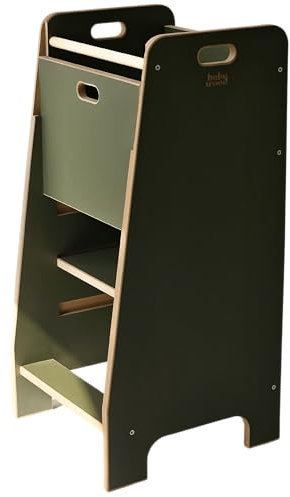 Lernturm aus Holz extra sicher | Montessori Küchenhelfer | Küchenhelfer | Verstellbare Plattform | Kitchen Helper | Sichere Küchenmöbel | Küchentreppe eingebettet (Oliv)