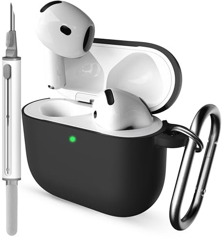 DamonLight Schutzhülle für AirPods mit Reinigungsset, stoßfest, weiche Silikon-Schutzhülle mit Schlüsselanhänger für Apple Airpods 4. Generation 2024 (schwarz)