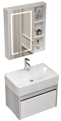 SXSYTR Badezimmer-Eckwaschbecken Mit Unterschrank, Wandmontiertes Keramikwaschbecken, Eck-waschtisch for Badezimmer Mit Waschbecken und LED-Spiegelschrank