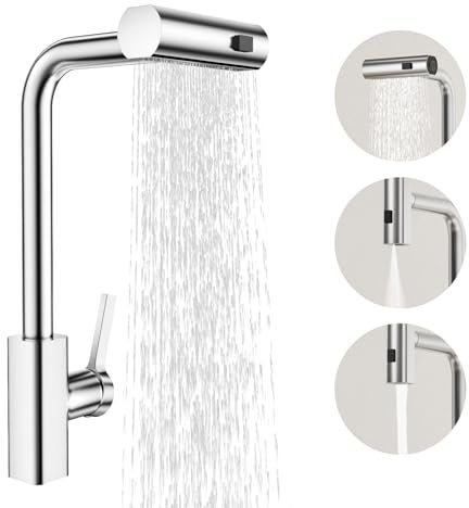BESy Robinet de Cuisine Professionnel avec Douchette Rétractable à 3 Modes, Mitigeur Monocommande en Acier Inoxydable, pour Éviers à 1 Trous, Cuisine, Bar, Camping-Car, Finition Nickel Brossé