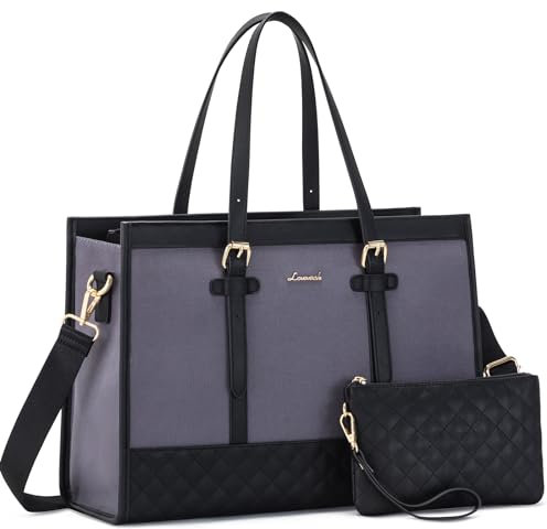 LOVEVOOK Laptop Bags for Women 15.6 Inch with Leather & Canvas, Ladies Handbags for Work Business, Womens Large Tote Bag, Handbag & Shoulder Bag with Clutch for Office College, Grey & Black
