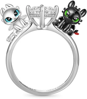 GNOCE Ring How to Train Your Dragon - 'Drachenliebe' Ohnezahn & Lichtwut Ring 925 Sterlingsilber Schwarz Ring Herz CZ Stein Geschenk Ring Für Damen Mädchen mit Schmuckschatulle zum Valentinstag (8)