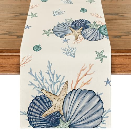 Artoid Mode Meer Muschel Seestern Sommer Tischläufer, Saisonnal Küche Esstisch Dekoration Drinnen Urlaub Party Dekor 40x180 cm