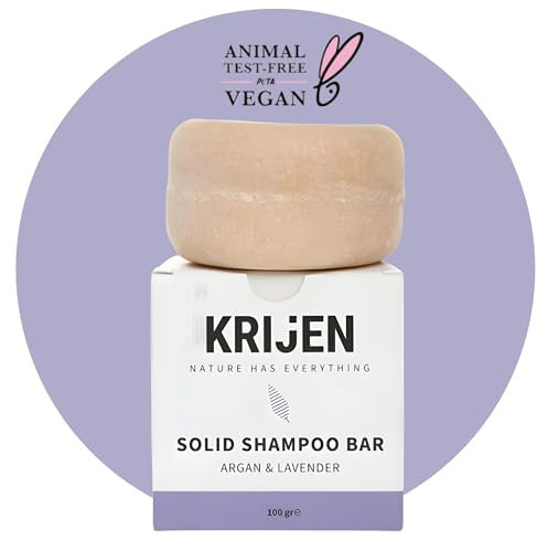 Krijen Veganes Festes Shampoo mit Arganöl, Lavendelöl & rosa Tonerde – 100g | Repariert & verleiht Glanz | Für normales & Mischhaar | Auch bei hartem Wasser wirksam | Mit Provitamin B5 | Handgemacht