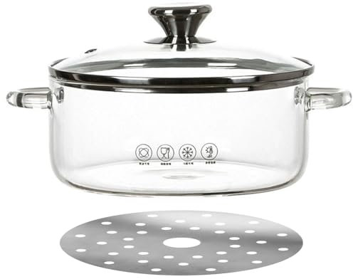 TAMUME Olla de vidrio de 2,5 L con tapa, compatible con inducción, resistente al calor, olla de sopa y guiso de tamaño familiar para cocinas modernas