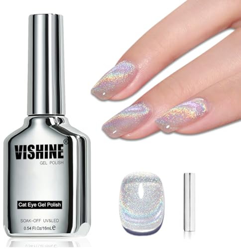 Vishine 16ml Cat Eye Gel Polish Holographic Glitter Shimmer Translucent Jelly Color with Magnet Nail Art Salon DIY at Home - Silver Rainbow #412