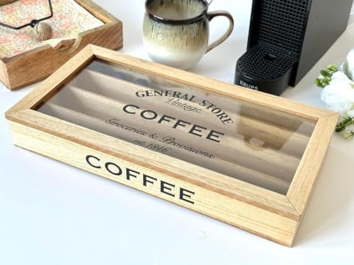 Maria`s Selection Capsules Coffee Pod Holder, Coffee Pod 40 Capsules Capacity, Elegant and Modern Rustic Finish, Pod Holder, wooden Storage Box. coffee Storage,
