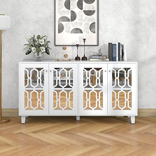 Verspiegelte Sideboard mit kühlen Kristallgriffen Anrichte mit 4 Türen Schließfächer Beweglichem Laminat Buffetschrank für Wohnzimmer Esszimmer Kabinett Weiß 160x40x84cm