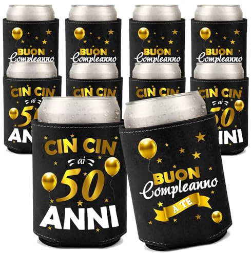 Regalo Compleanno Uomo Donna Confezione da 10 Raffredda Lattina in Neoprene Idea per decorazioni compleanni bottiglia birra bevande festa gadget copri lattina 50 anni (Nero - 50 Anni)