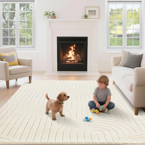 Puremy Wohnzimmerteppich Kurzflor mit Hoch-Tief-Effekt, 120x170cm, Beige | Teppich für Schlafzimmer Kinderzimmer mit Hoch-Tief-Effekt, hohe Flordichte und angenehm weich, Moderner Bogenförmiges Design