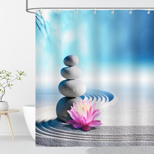 OCEUMACO Zen Extra Long/Wide Shower Curtain Anti Mould Proof Resistant 200x200cm Drop Blue Grey Pebble Lotus Bath Shower Curtains for Bathroom Wet Room Waterproof Washable Fabric with Hooks