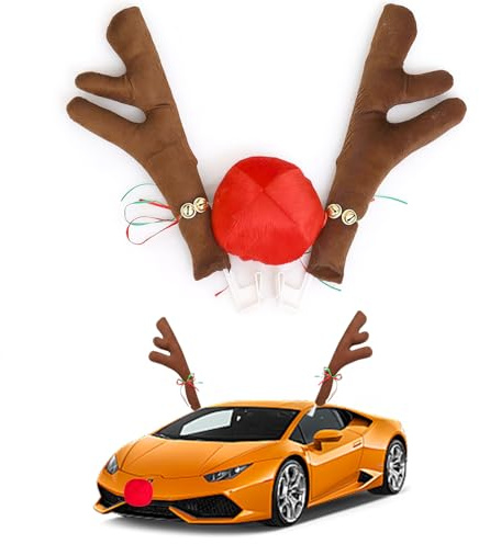 XDGBGFN Rentier Auto Deko Weihnachten,Rentier Kostüm mit Rote Nase für Auto Weihnachtendeko,Rentier Geweih für Auto Deko Weihnachten (Kaffeefarbe)