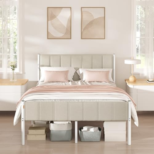 VASAGLE Double Bed Frame, with Upholstered Headboard, 135 x 190 cm | Metal Bed Frame, 500 kg Weight Capacity, Easy Assembly, Cappuccino, DUPON Collection RMB976LH01