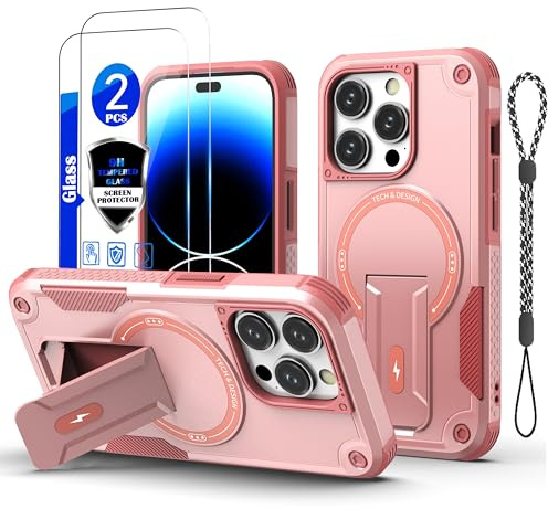 GuardCase for iPhone 14 Pro Case[Compatible with MagSafe][with 2 * 9H Tempered Glass Screen Protector], Built in Invisible Stand,Shockproof Protective Phone Cover,for iPhone 14 Pro 6.1(Pink)
