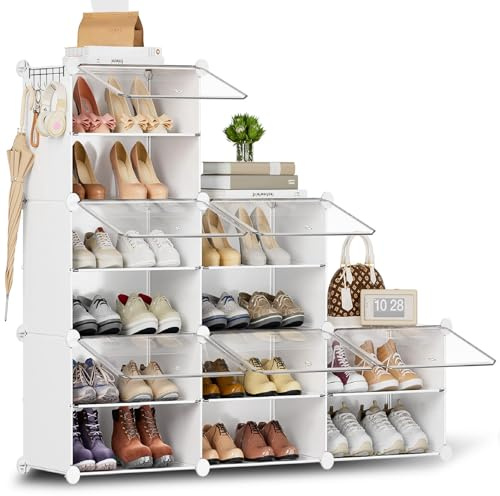 Schuhregal, Schuhschrank mit 12 Fächern, schuhregal hoch und schmal, schuhregal weiß, schuhschrank hoch geschlossen für Garderobe Flur Schlafzimmer Eingang, DIY anpassbar