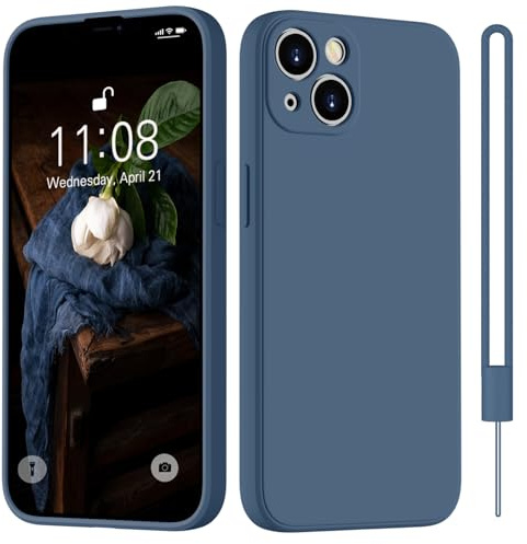 HGH für iPhone 14 Hülle Silikon mit Lanyard, Dunkel Blau | Handyhülle für iPhone 14 Dünn Rundumschutz mit Microfiber-Innenfutter Kratzfest Schutzhülle