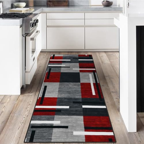 LYYK Teppich Läufer, Waschbar Küchenteppich, 7.5mm Küchenläufer Hochwertige Teppichläufer Rutschhemmender Gelrücken Dauerhaft für Küche, Flur & Wohnraum 80x250cm Rot
