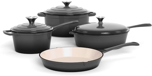 Kitchen Academy Juego de 7 Cacerolas de Hierro Fundido con Horno Holandés | Utensilios de Cocina de Hierro Fundido Esmaltado, Sartén para Salsa, 3 Tapas, Juego de Ollas y Sartenes Holandés Gris