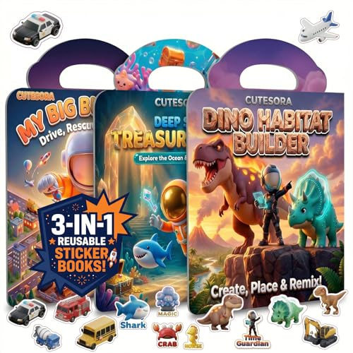 Cutesora XL Stickerbuch ab 3 Jahre, 3 Sets Wiederverwendbare 3D Sticker | Für Kinder, wiederverwendbare Aufkleber, Stickerheft zur Beschäftigung und Reisespielzeug für Flugreisen
