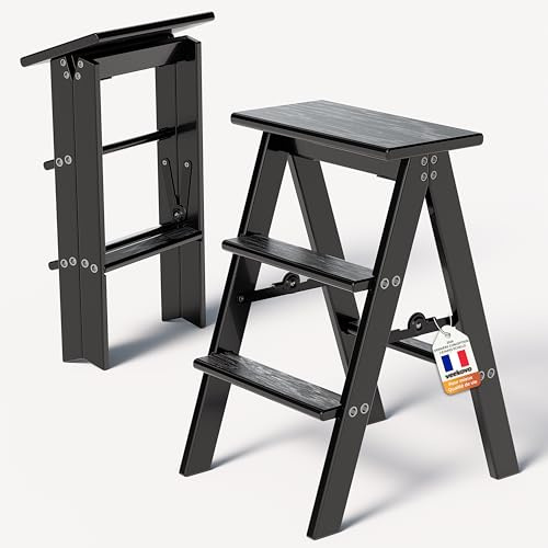 Escabeau 3 Marches Pliable, Tabouret Pliant en Bois, Chaise-échelle Pliante, escalier Robuste et antidérapant pour la Maison, la Cuisine et Le Bureau (Noir K1)