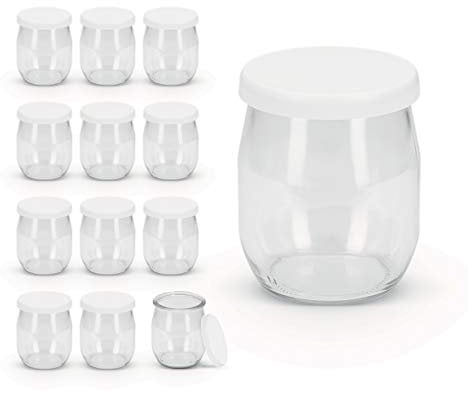 Rekean - Glass Yoghurt Jar with White Clipser Lids - Lot of 12 - made in France - capacity 143 ML
