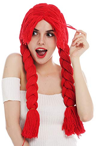WIG ME UP - 840357-P13 Perücke Karneval Fasching Damen Puppe Doll dickes Stoff Puppenhaar Rot Zöpfe lang geflochten