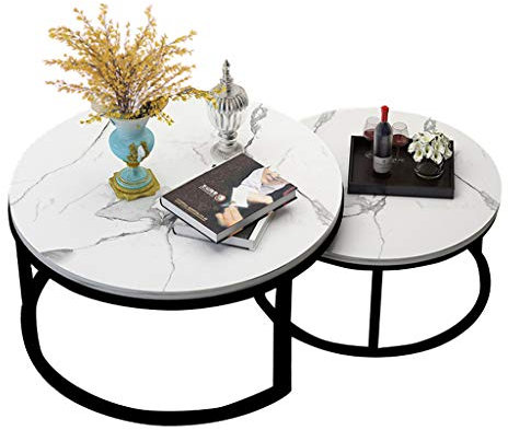 Couchtisch Marmor - Beistelltisch 2er Set- Satztische Wohnzimmertisch Sofatisch Kaffeetisch Modernes Design (70cm Groß und 55cm Klein)