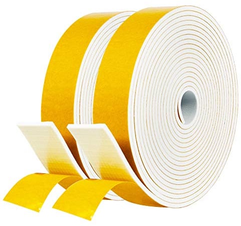 fowong Draft Excluder for Doors, 2 Rolls 25mm(W) x 3mm(T) Self Adhesive Foam Tape, High Density Adhesive Foam Weather Strip Seal for Window and Door, Soundproofing, Furniture Protective, Total 8M Long