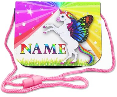 Kinder Brustbeutel Einhorn mit Name personalisiert | Schriftartwahl, Klettverschluss, Schnur zum Umhängen, Klarsichtfach