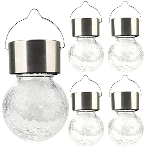 Rylod Lot de 4 lampes solaires à suspendre en forme de boule de verre craquelé étanche avec poignée pour décoration extérieure Blanc
