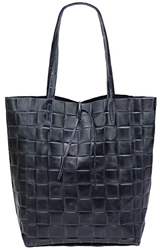 SH Leder ® Damen Echtleder Shopper in geflochtene print mit Innentasche in vielen Farben Schultertasche Henkeltasche 37x29cm Kamilla G267 (Dunkelblau)