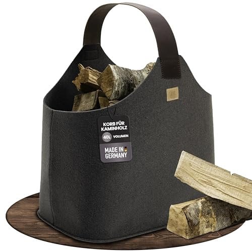 Filz Holzkorb für Kaminholz [60 L] - Made in Germany - Kaminholzkorb aus rPET Filz - Echtleder Henkel und Pflegeleichter Boden - Filzkorb Kaminholz 2 Aufsatztaschen easy and green® (Trüffelgrau)