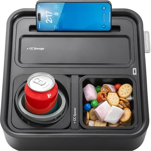 CouchConsole Plateau original – Panier de canapé pour boissons et collations avec accoudoir, table avec support de téléphone – Rangement et organisateur de télécommande TV – Pour salon, camping-car et