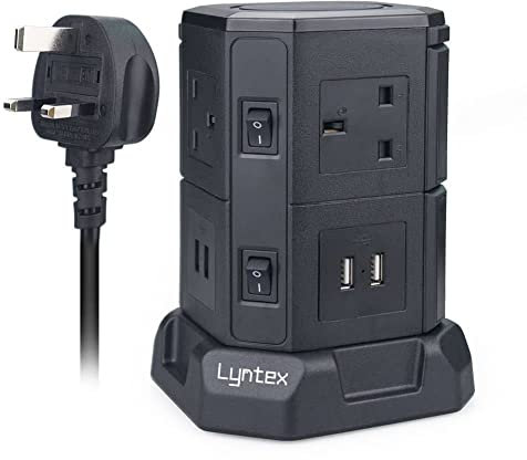Lyntex Tower Extension Lead 3M, 6 Way Power Strips with 4 USB (4.5A), Multi Plug Extension Sockets, UK Mains Extension Plug for Laptops iPhones TV Tablets PC (Black)