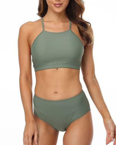 CharmLeaks Women High Neck Bikini Set Two Piece Swimsuit Modest Bathing Suit Cyan Blue S