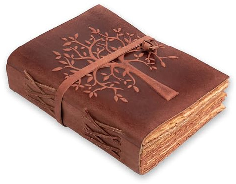 LEATHER VILLAGE Journal arbre de vie – 33 x 20,3 cm – Rouge marron – 200 feuilles de papier antique faites à la main – Livre d'ombres – Journal relié en cuir vintage pour homme et femme