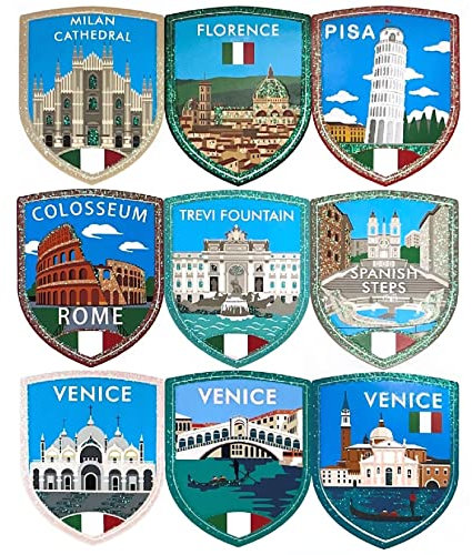 A-ONE Italy Tourist Spots Rainbow Iridescent Glitter Water Bottle Amazing Stickers 9 PCS + EU Shield 3D Tactical Patch 1 PC, Shining Colorful Label for Walls, Kitchen Home Decoration SR4+NO.106