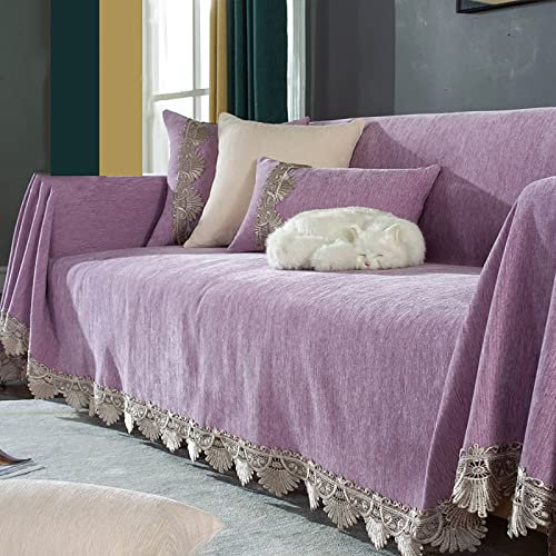 SAZDFY Bruco Coperchio del Divano Sezionale,Morbido Copertura del Divano con Pizz Edge,Vintage Lancio del Divano Lavabile Cane Protettore Mobili Copertina del Divano-Viola 3 Seater 180-330cm