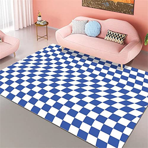 PHLCF Teppich für Schlafzimmer, große Teppiche, blau, weiß, kariert, Schlafzimmer, Essbereich, rutschfest, maschinenwaschbar, Terrassenteppiche, 80 x 120 cm