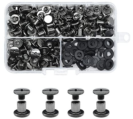 JINTANG 90pcs vis chicago, M5x5mm rivet a visser,rivet cuir,Utilisé pour le bricolage en cuir Sac à vêtements, chaussures, livres et décoration (noir brillant)