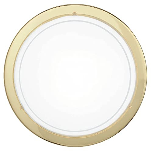 Polished Brass Metal Trim & White Glass Shade Round Flush Ceiling & Wall Light | 29cm Diameter | 1 x ES E27 Lamp Required | UK Approved | Low Profile Height