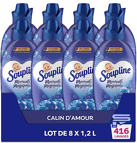 SOUPLINE - Adoucissant Concentré Soupline 3D Moments Magiques Câlin d'Amour - Formule Testée Dermatologiquement - Lot de 8 x 1,2 L